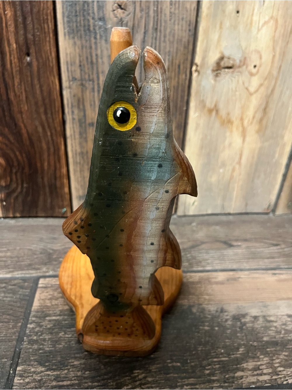 Handcrafted Wooden Fish paper towel holder- Green and Brown